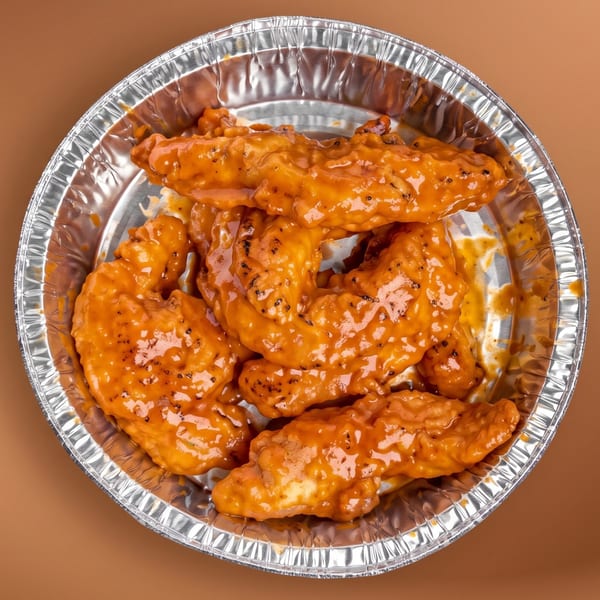 Top-down view of several orange-glazed chicken wings in a round aluminum takeout container.